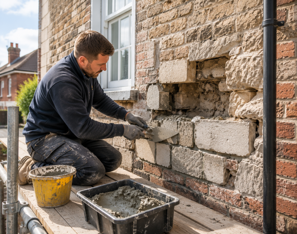 Builder carrying out structural masonry repairs to a brick wall